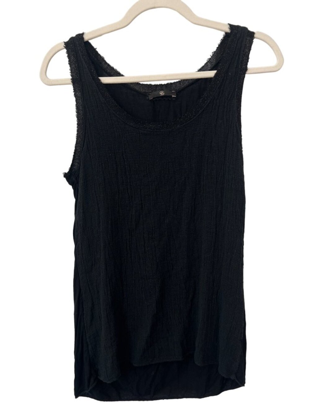 GG Luxe Crinkle Tank Top Size Small Black Linen Blend Raw Edge Textured Summer